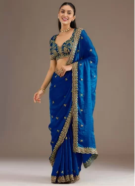 Tissue Trendy Saree with Embroidered Work for Festival in Blue